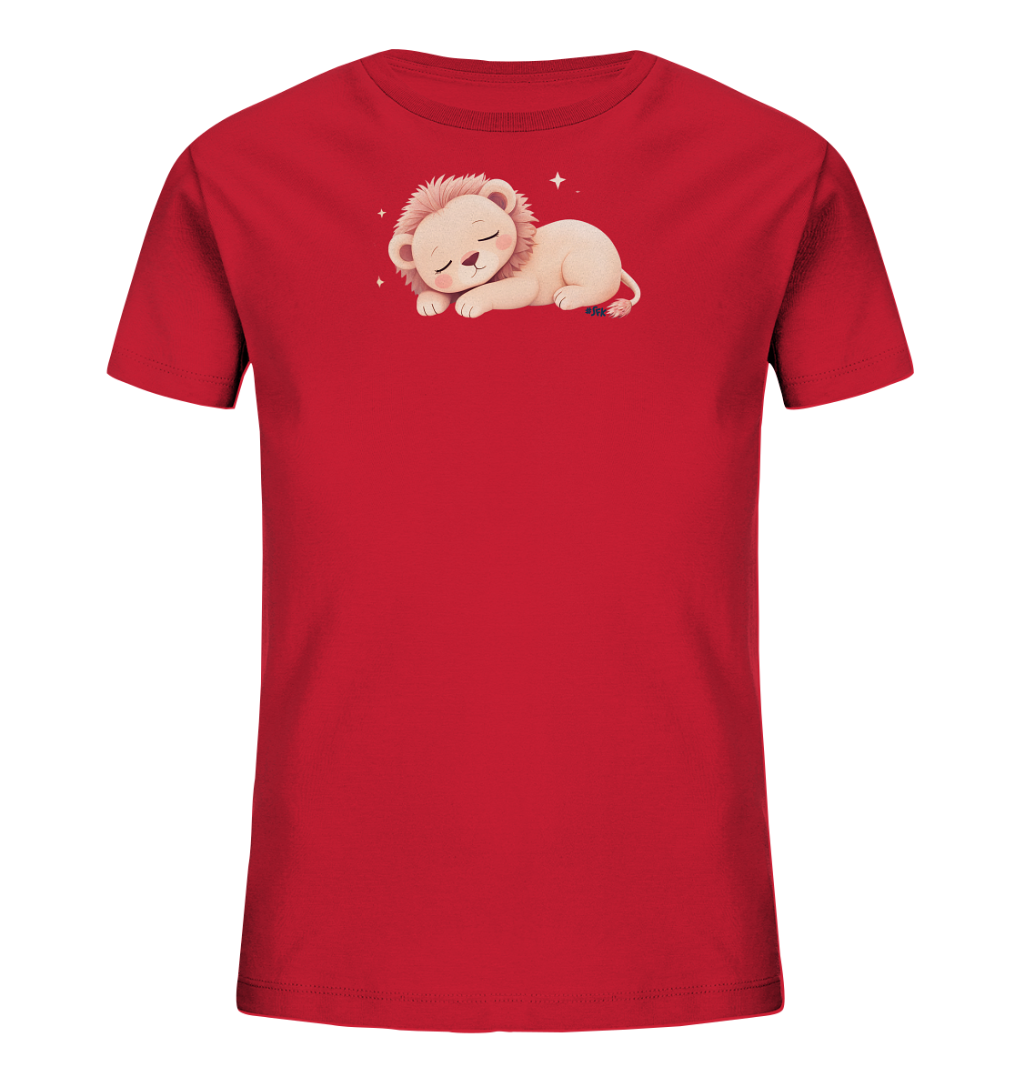 Onlineshop Shirts fuer Kinder - Das Bild zeigt ein leuchtend rotes T-Shirt fuer Kinder. Auf der Vorderseite ist eine entzueckende Illustration eines friedlich schlafenden Loewenbabys zu sehen. Kleine, funkelnde Sterne umgeben das Motiv, was eine ruhige und vertraeumte Atmosphaere schafft. Das gesamte Design ist kindgerecht und ansprechend gestaltet.