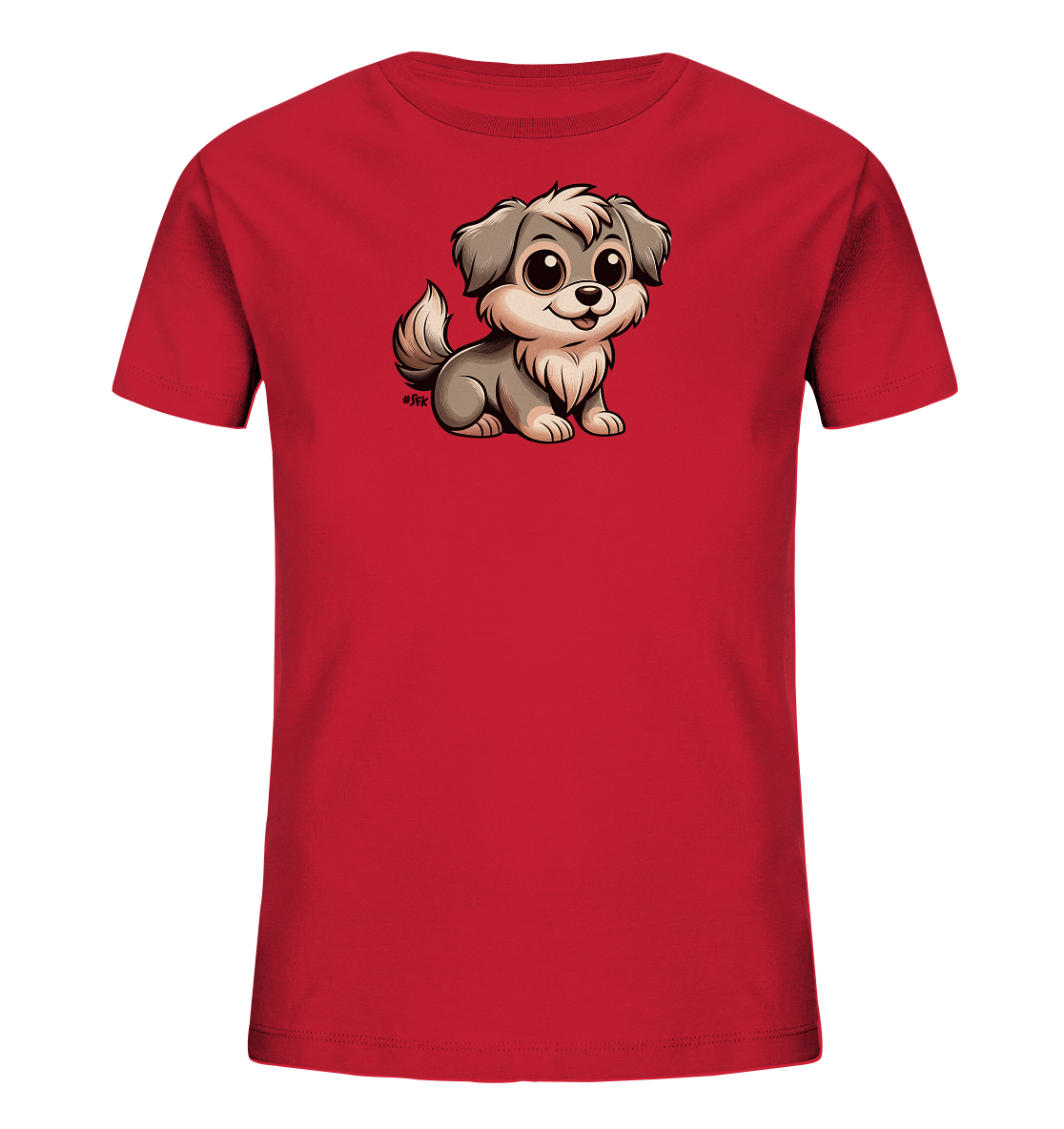 Onlineshop Shirts fuer Kinder - Das Bild zeigt ein rotes Kinder-T-Shirt mit einer charmanten Illustration auf der Vorderseite. Dargestellt ist ein niedlicher, cartoonhafter Welpe mit grossen, runden Augen und einem freundlichen Ausdruck. Der kleine Hund sitzt aufrecht und hat ein flauschiges Aussehen in Grautoenen. Dieses Design verleiht dem Shirt einen verspielten Look.