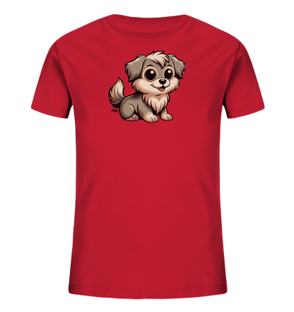 Onlineshop Shirts fuer Kinder - Das Bild zeigt ein rotes Kinder-T-Shirt mit einer charmanten Illustration auf der Vorderseite. Dargestellt ist ein niedlicher, cartoonhafter Welpe mit grossen, runden Augen und einem freundlichen Ausdruck. Der kleine Hund sitzt aufrecht und hat ein flauschiges Aussehen in Grautoenen. Dieses Design verleiht dem Shirt einen verspielten Look.