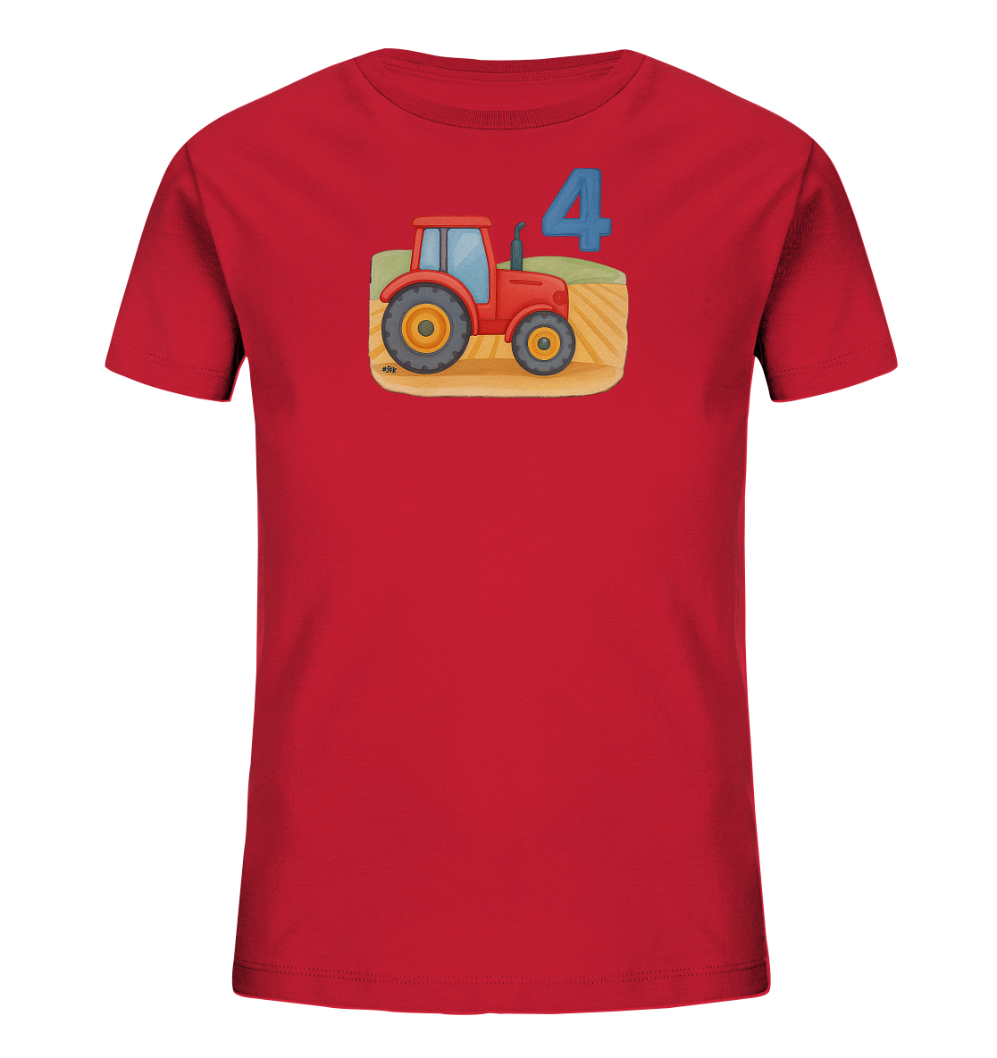 Onlineshop Shirts fuer Kinder - Das Bild zeigt ein leuchtend rotes T-Shirt fuer Kinder mit einem spielerischen Motiv auf der Vorderseite. Abgebildet ist ein roter Cartoon-Traktor auf einem Feldhintergrund mit unterschiedlichen Texturen. Über dem Traktor ist prominent die grosse blaue Zahl '4' platziert. Das gesamte Design wirkt farbenfroh und ansprechend.