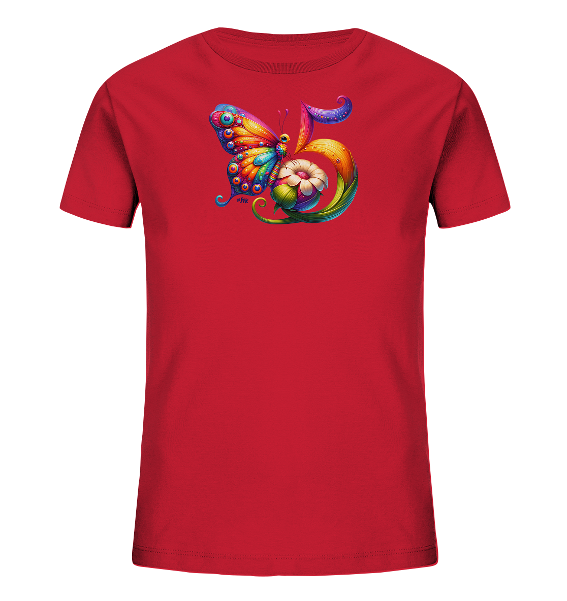 Onlineshop Shirts fuer Kinder - Das Bild zeigt ein rotes T-Shirt mit einer detaillierten, farbenfrohen Grafik auf der Vorderseite. Das Motiv besteht aus einem kunstvollen Schmetterling neben der Zahl '5', die in ein Blumen- und Blaetterdesign integriert ist. Die Grafik ist in lebendigen, vielfaeltigen Farben gestaltet, wie Blau, Gelb, Orange, Rot und Lila. Dieses kreative Design verleiht dem Shirt einen verspielten Charakter.