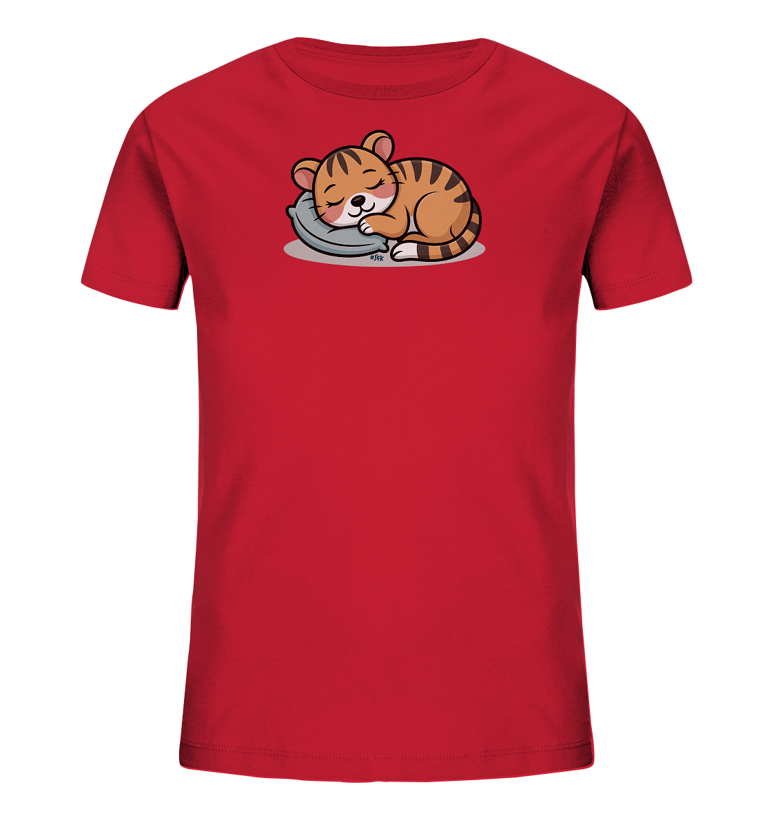 Onlineshop Shirts fuer Kinder - Das Bild zeigt ein rotes Kinder-T-Shirt mit einem niedlichen Tiermotiv auf der Vorderseite. Ein kleiner, gestreifter Tigerwelpe liegt friedlich schlafend auf einem grauen Kissen. Das Motiv ist detailreich gestaltet, mit geschlossenen Augen und einem zufriedenen Ausdruck. Die kraeftige rote Farbe des Shirts bildet einen schoenen Kontrast zum Tiermotiv.