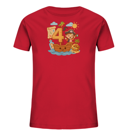 Onlineshop Shirts fuer Kinder - Das Bild zeigt ein rotes Kinder-T-Shirt. Auf der Vorderseite befindet sich eine bunte Grafik eines Piratenschiffs mit einem kleinen Piraten und der grossen Zahl '4'. Die Szene zeigt zusaetzlich einen Schatz, eine Schatzkarte, eine Flaschenpost und einen Papagei. Das verspielte Design hat ein maritimes Thema und eignet sich gut fuer junge Abenteurer.