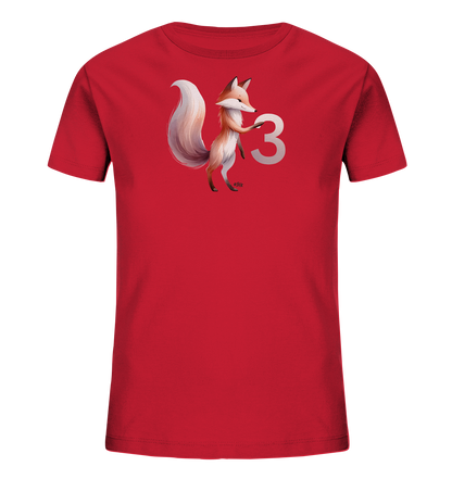 Onlineshop Shirts fuer Kinder - Dieses rote Kinder T-Shirt zeigt eine niedliche Illustration eines Fuchses. Der Fuchs steht aufrecht und haelt die grosse, silberne Zahl '3'. Das Design ist verspielt und froehlich, mit dem freundlichen Fuchs als zentrales Motiv. Es eignet sich ideal fuer Kinder und hat einen klaren, ansprechenden Aufdruck.