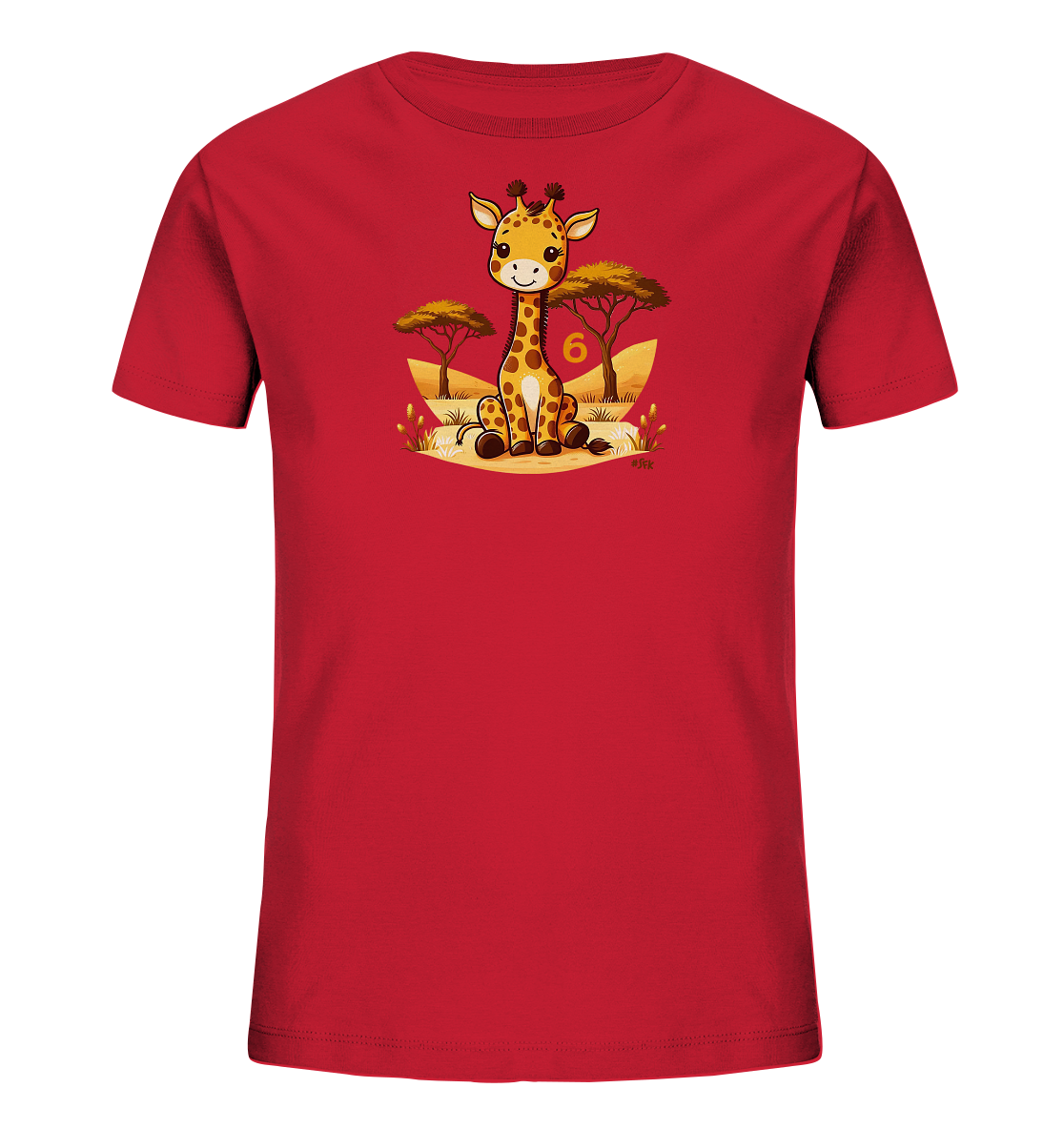 Onlineshop Shirts fuer Kinder - Das rote T-Shirt zeigt eine freundliche, sitzende Cartoon-Giraffe. Sie ist umgeben von einer Savannenlandschaft mit Baeumen und Graesern. Neben der Giraffe ist die Zahl '6' prominent platziert. Das Motiv hat einen froehlichen und farbenfrohen Charakter.
