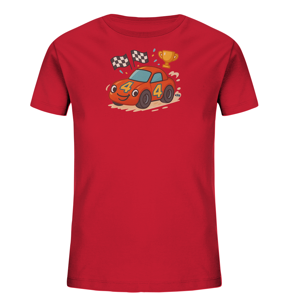 Onlineshop Shirts fuer Kinder - Das Bild zeigt ein rotes Kinder-T-Shirt mit einem froehlichen Rennwagen-Motiv auf der Vorderseite. Der cartoonhafte Rennwagen hat ein freundliches Gesicht und traegt die Zahl '4'. Das Design wird durch karierte Flaggen, eine Trophaee und Konfetti ergaenzt, was eine Rennszene darstellt. Das T-Shirt ist ideal fuer kleine Rennsportfans.