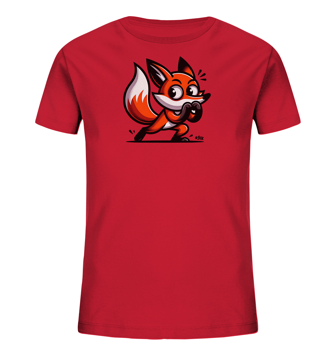 Onlineshop Shirts fuer Kinder - Das Bild zeigt ein leuchtend rotes T-Shirt fuer Kinder. Auf der Vorderseite ist eine grosse, farbige Cartoon-Illustration eines Fuchses zu sehen. Der Fuchs ist in einer spielerischen Pose dargestellt, hat grosse Augen und wirkt sehr lebendig. Das Motiv verleiht dem Shirt ein froehliches und ansprechendes Design.