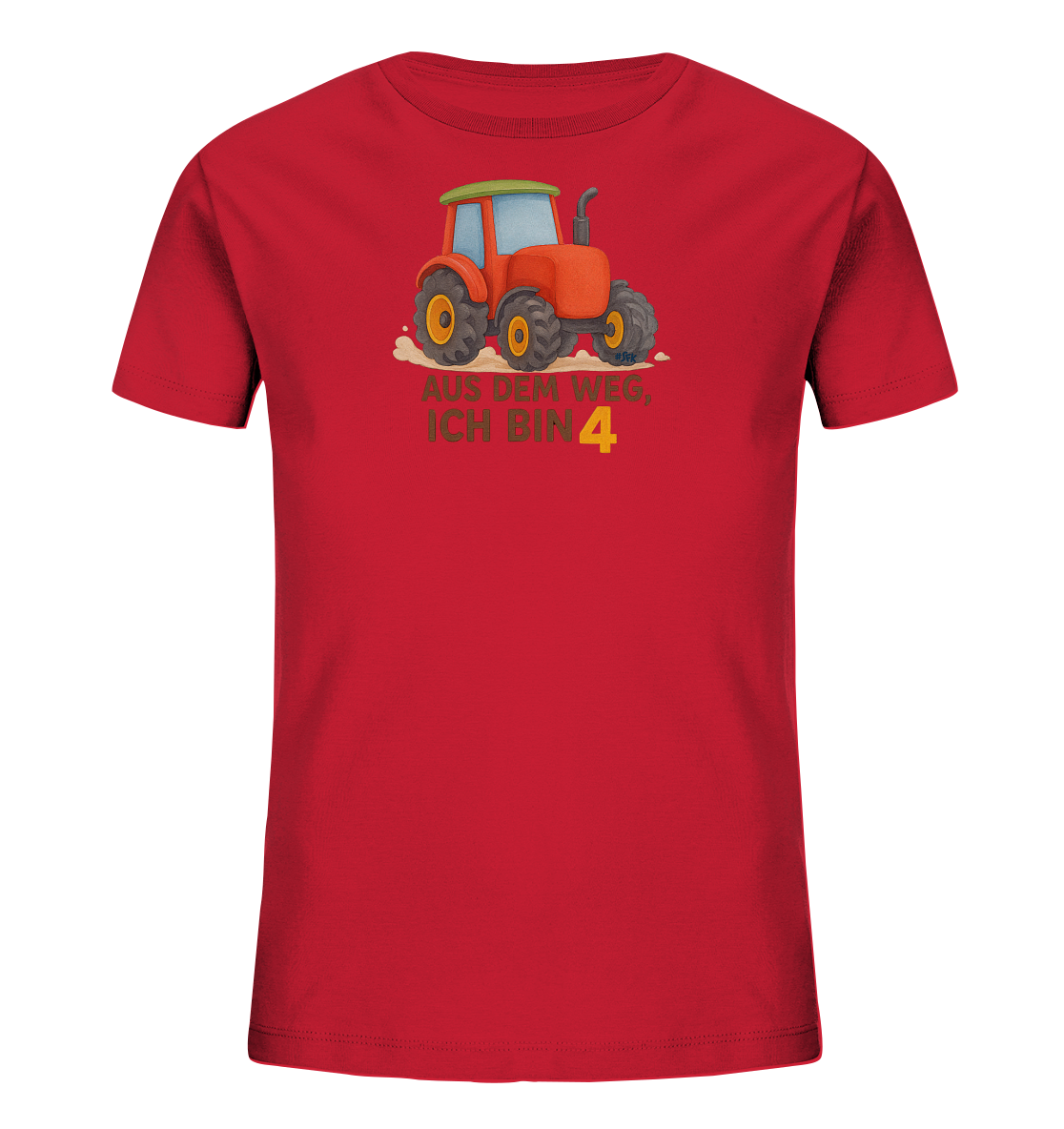 Onlineshop Shirts fuer Kinder - Das Bild zeigt ein rotes T-Shirt fuer Kinder mit einer Illustration eines orangefarbenen Traktors auf der Vorderseite. Der Traktor faehrt auf sandigem Untergrund und ist detailreich gezeichnet. Unter dem Traktor steht in gruener und gelber Schrift der Spruch "AUS DEM WEG, ICH BIN 4". Das Design wirkt robust und kindgerecht.