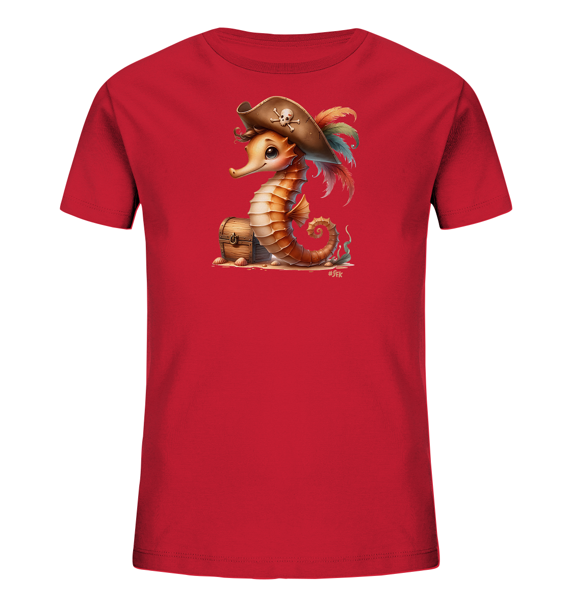 Onlineshop Shirts fuer Kinder - Das Bild zeigt ein rotes Kinder T-Shirt mit einem Comic-Motiv eines Seepferdchens im Piratenkostuem. Das Seepferdchen traegt einen Hut mit Totenkopf und sitzt neben einer Schatzkiste auf sandigem Untergrund. Das Design ist farbenfroh und maritim gestaltet, mit Federn am Hut und Elementen wie Sand und Muscheln.