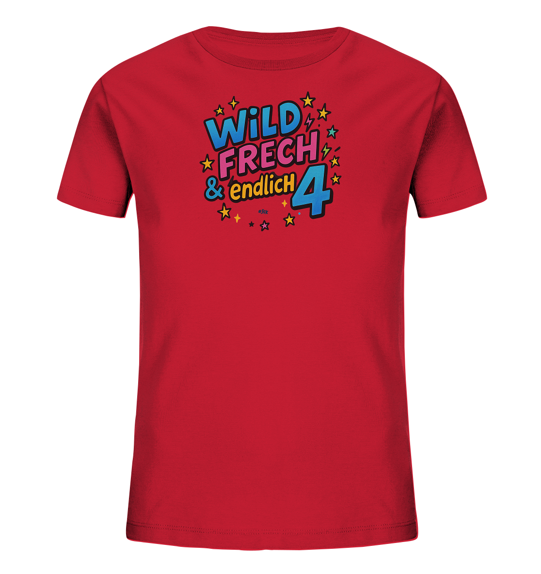 Onlineshop Shirts fuer Kinder - Das Bild zeigt ein rotes Kinder-T-Shirt mit einem farbenfrohen Aufdruck auf der Vorderseite. Der Aufdruck im Pop-Art-Stil zeigt die Woerter "WILD FRECH & endlich" in Blautoenen und Pink, akzentuiert durch Blitze und Sterne. Daneben steht die grosse Zahl 4 in Blau. Das gesamte Design ist lebendig und dynamisch.