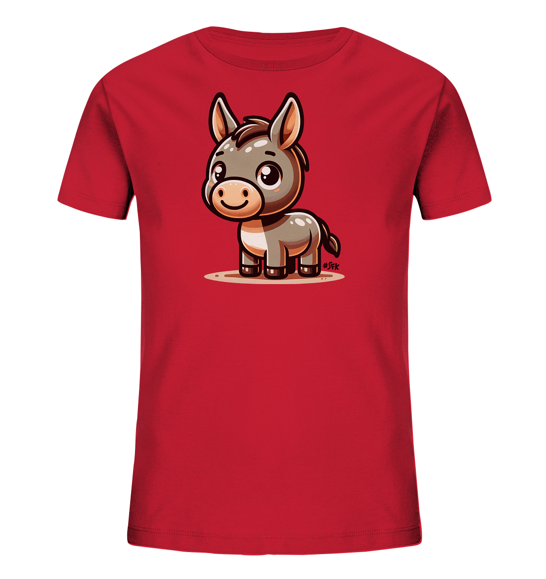 Onlineshop Shirts fuer Kinder - Das Bild zeigt ein rotes T-Shirt fuer Kinder mit einem niedlichen Comic-Motiv. Auf der Vorderseite ist ein kleiner, brauner Esel mit grossen Augen und einem freundlichen Ausdruck abgebildet. Der Esel steht auf einer angedeuteten sandfarbenen Flaeche. Das Design ist farbenfroh und ansprechend fuer Kinder.