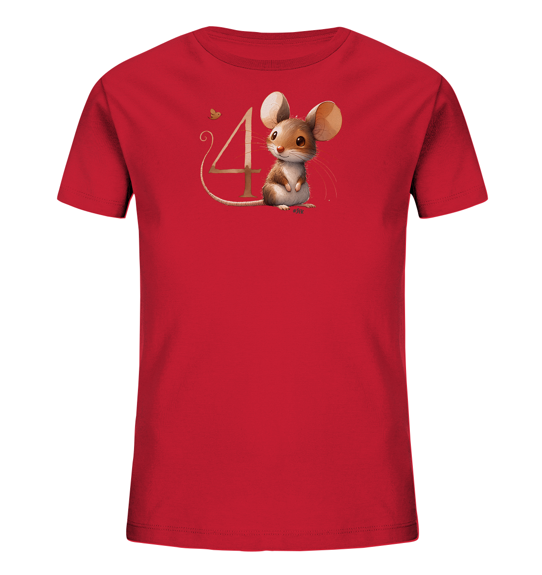 Onlineshop Shirts fuer Kinder - Das Bild zeigt ein rotes T-Shirt fuer Kinder mit einer niedlichen grafischen Darstellung auf der Vorderseite. Zu sehen ist eine braune Maus mit grossen Ohren, die neben der stilisierten Zahl 4 in einem goldenen Farbton sitzt. Eine kleine goldene Biene oder ein Schmetterling schwebt nahe der Zahl. Die Gesamtgestaltung ist verspielt und farbenfroh.