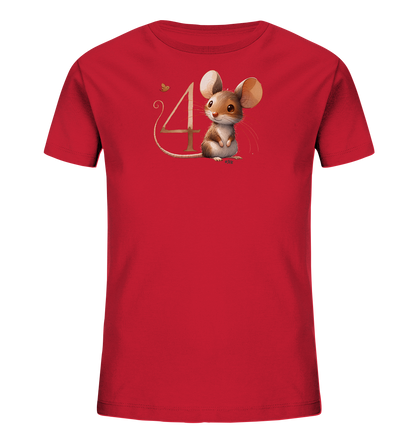 Onlineshop Shirts fuer Kinder - Das Bild zeigt ein rotes T-Shirt fuer Kinder mit einer niedlichen grafischen Darstellung auf der Vorderseite. Zu sehen ist eine braune Maus mit grossen Ohren, die neben der stilisierten Zahl 4 in einem goldenen Farbton sitzt. Eine kleine goldene Biene oder ein Schmetterling schwebt nahe der Zahl. Die Gesamtgestaltung ist verspielt und farbenfroh.