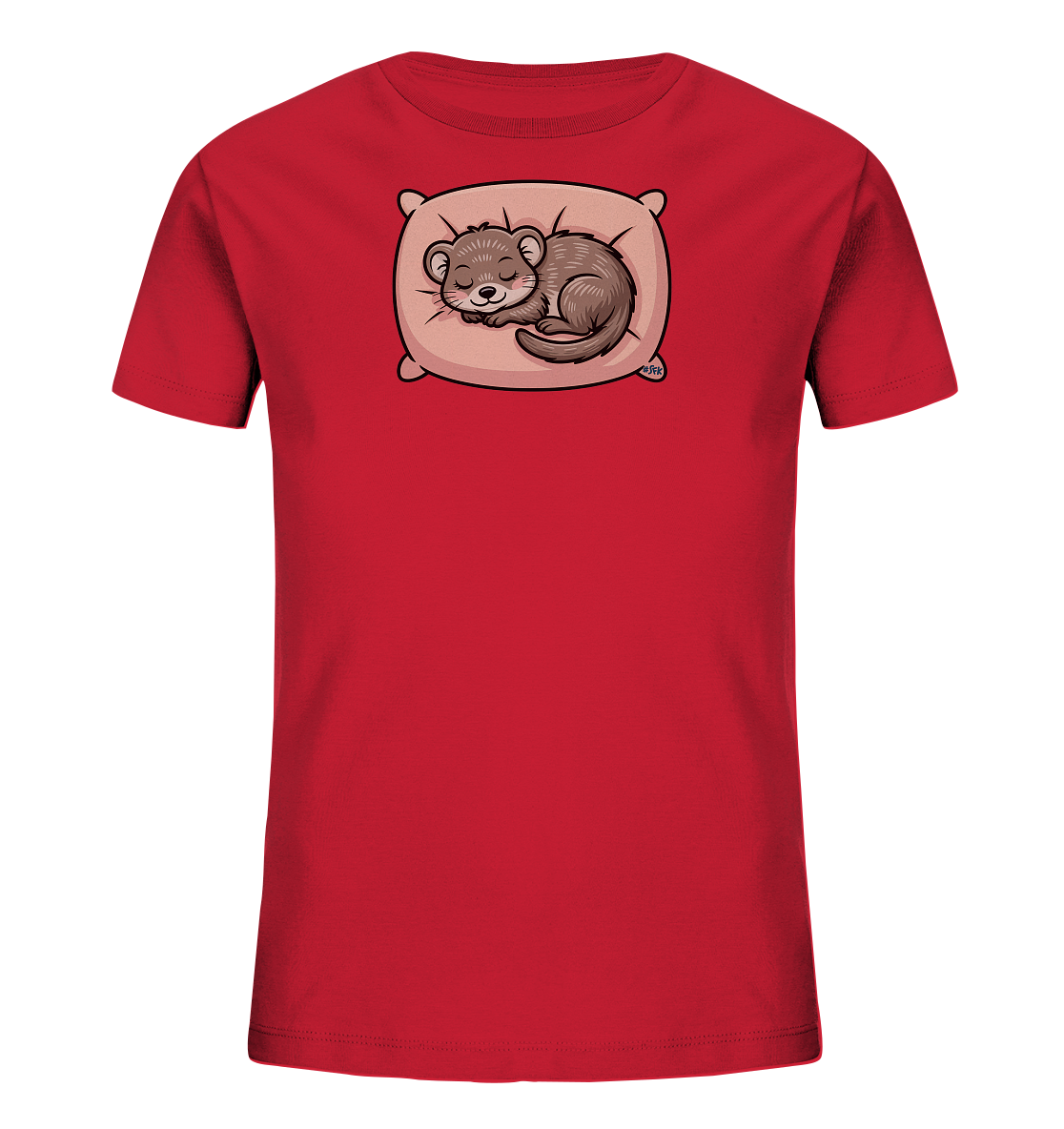Onlineshop Shirts fuer Kinder - Das Bild zeigt ein rotes Kinder-T-Shirt mit einem niedlichen Tiermotiv auf der Vorderseite. Ein kleiner, brauner Otter schlaeft friedlich auf einem hellrosa Kissen, zusammengerollt und mit geschlossenen Augen. Das Design wirkt beruhigend und verspielt, ideal fuer kleine Traeumer. Es ist eine charmante Ergaenzung fuer die Kindergarderobe.