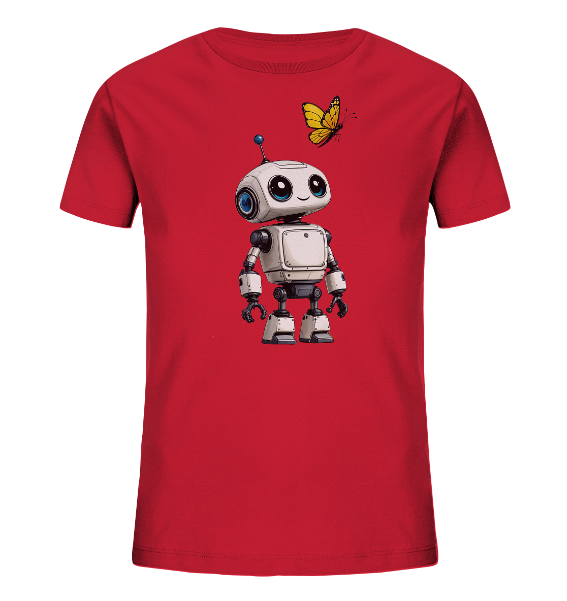 Onlineshop Shirts für Kinder - Das Bild zeigt ein rotes T-Shirt für Kinder. Auf der Vorderseite ist eine Grafik eines niedlichen, weißen Roboters mit grauen Akzenten abgebildet. Der Roboter hat große, blaue Augen und schaut mit einem freundlichen Ausdruck nach vorne. Über dem Roboter fliegt ein gelber Schmetterling, der dem Motiv eine verspielte Note verleiht.