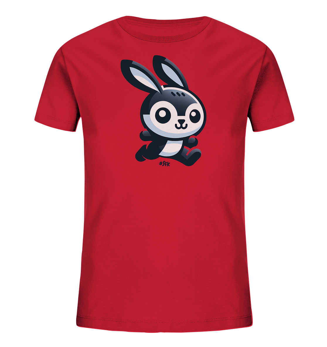 Onlineshop Shirts fuer Kinder - Dieses rote Kinder T-Shirt zeigt auf der Vorderseite ein suesses, cartoonartiges Motiv eines Hasen. Der Hase ist in Schwarz-Weiss gehalten, hat grosse Ohren und erscheint in einer springenden Pose mit freundlichem Gesichtsausdruck. Das Design ist schlicht und ansprechend fuer Kinder.