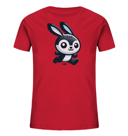 Onlineshop Shirts fuer Kinder - Dieses rote Kinder T-Shirt zeigt auf der Vorderseite ein suesses, cartoonartiges Motiv eines Hasen. Der Hase ist in Schwarz-Weiss gehalten, hat grosse Ohren und erscheint in einer springenden Pose mit freundlichem Gesichtsausdruck. Das Design ist schlicht und ansprechend fuer Kinder.