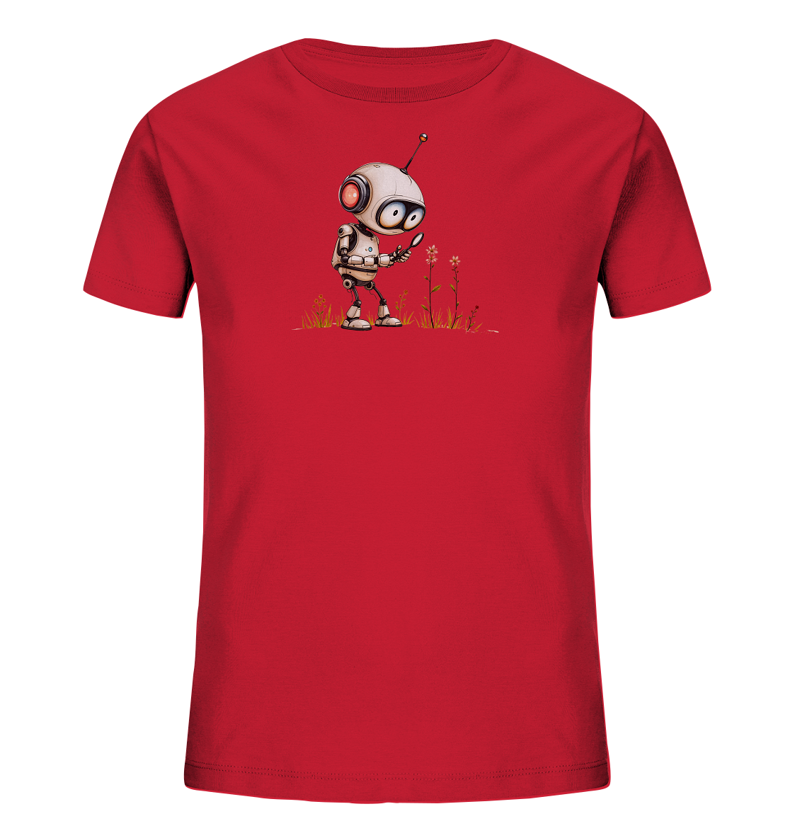 Onlineshop Shirts für Kinder - Das Bild zeigt ein rotes Kinder-T-Shirt, das auf der Vorderseite bedruckt ist. Das Design zeigt einen kleinen, weißen Roboter mit roten Akzenten und einer Antenne auf dem Kopf. Der Roboter steht auf einer angedeuteten Wiese mit Gras und kleinen rosa Blüten und hält eine Lupe in der Hand, mit der er eine Blume untersucht. Die Illustration vermittelt eine Szene der Entdeckung oder Neugier.