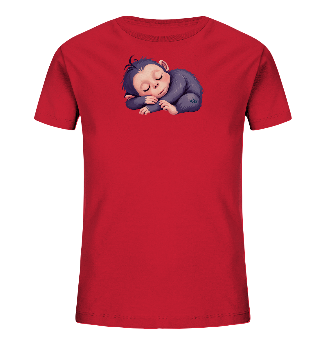 Onlineshop Shirts fuer Kinder - Das Bild zeigt ein rotes Kinder-T-Shirt mit einer Illustration eines schlafenden Baby-Affen. Der kleine Affe ist zusammengerollt und hat die Augen geschlossen, was ein friedliches Motiv darstellt. Das Design ist mittig auf der Vorderseite des Shirts platziert und in dunklen Farbtoenen gehalten.