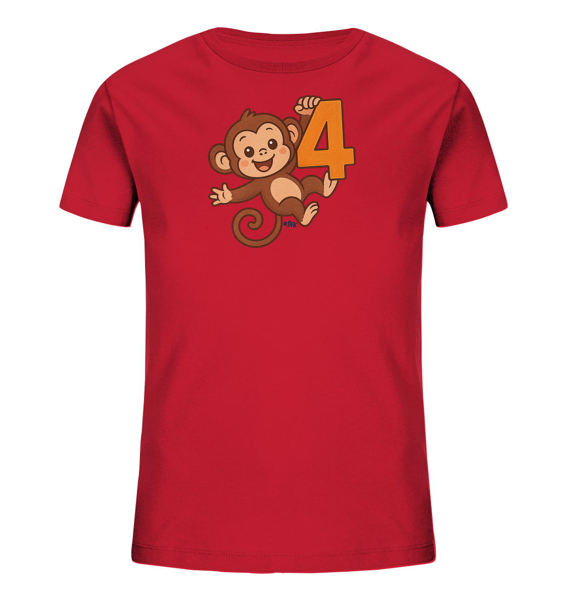 Onlineshop Shirts fuer Kinder - Das Bild zeigt ein rotes T-Shirt fuer Kinder. Darauf ist eine verspielte Illustration eines braunen Affen zu sehen, der laechelt und sich festzuhalten scheint. Der Affe haelt eine grosse, orangefarbene Zahl 4 in die Hoehe. Das gesamte Design wirkt froehlich und kindgerecht.