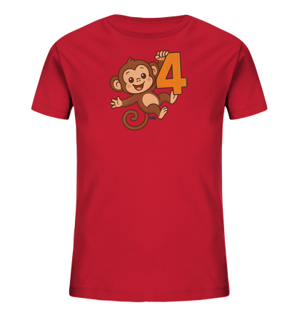 Onlineshop Shirts fuer Kinder - Das Bild zeigt ein rotes T-Shirt fuer Kinder. Darauf ist eine verspielte Illustration eines braunen Affen zu sehen, der laechelt und sich festzuhalten scheint. Der Affe haelt eine grosse, orangefarbene Zahl 4 in die Hoehe. Das gesamte Design wirkt froehlich und kindgerecht.