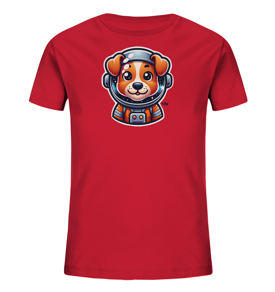 Onlineshop Shirts fuer Kinder - Rotes T-Shirt mit einem niedlichen Hund im Astronautenhelm und Anzug.