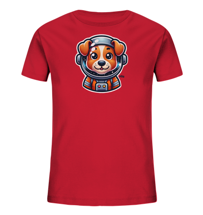 Onlineshop Shirts fuer Kinder - Rotes T-Shirt mit einem niedlichen Hund im Astronautenhelm und Anzug.