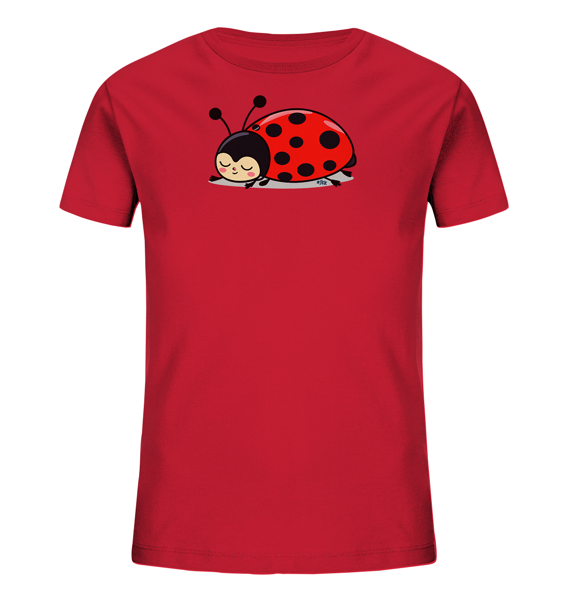 Onlineshop Shirts fuer Kinder - Das Bild zeigt ein rotes Kinder-T-Shirt mit einem niedlichen Motiv eines schlafenden Marienkaefers. Der Marienkaefer ist rot mit schwarzen Punkten und hat geschlossene Augen. Er liegt entspannt auf einem grauen Untergrund, was dem Design eine friedliche Ausstrahlung verleiht. Dieses T-Shirt praesentiert ein charmantes, ruhiges Tierbild.