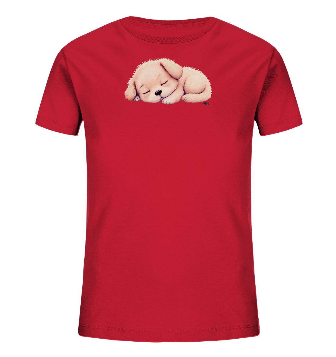 Onlineshop Shirts fuer Kinder - Das Bild zeigt ein rotes Kinder-T-Shirt. Auf der Vorderseite ist ein schlafender, hellbrauner Welpe abgebildet. Der Welpe liegt zusammengerollt mit geschlossenen Augen da und wirkt sehr friedlich. Dieses niedliche Motiv verleiht dem Shirt einen besonders liebenswerten Charakter.