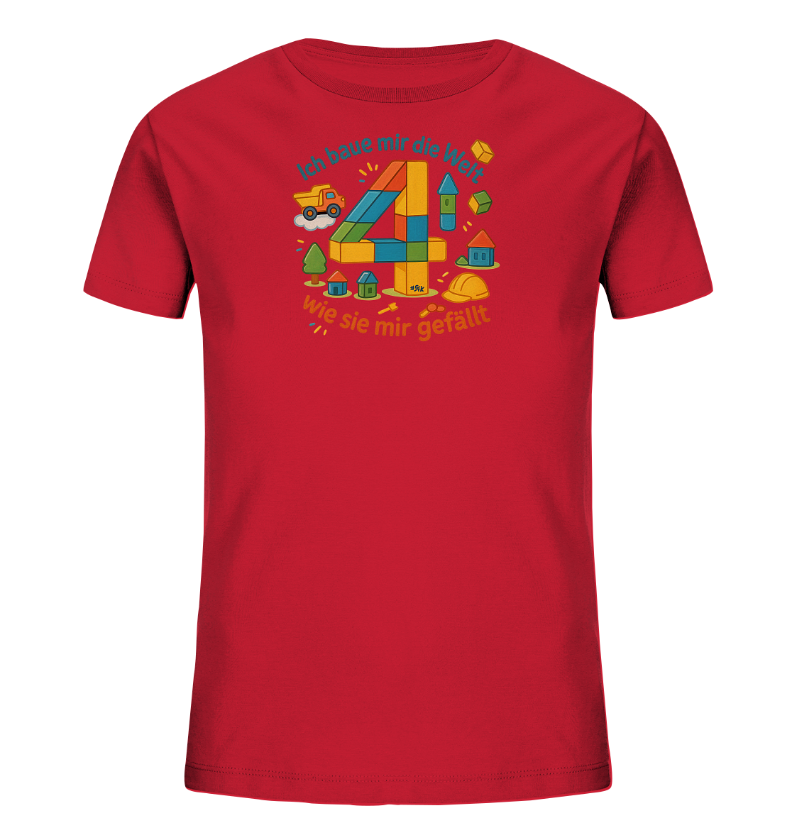 Onlineshop Shirts fuer Kinder - Das rote T-Shirt zeigt ein farbenfrohes Motiv zum Thema Bauen und Gestalten. Zentral ist eine grosse Zahl Vier, aufgebaut aus bunten Kloetzen. Um die Vier herum sind spielerische Elemente wie ein Lastwagen, Haeuser, Baeume und ein Bauhelm angeordnet. Darueber und darunter befindet sich passender Text.