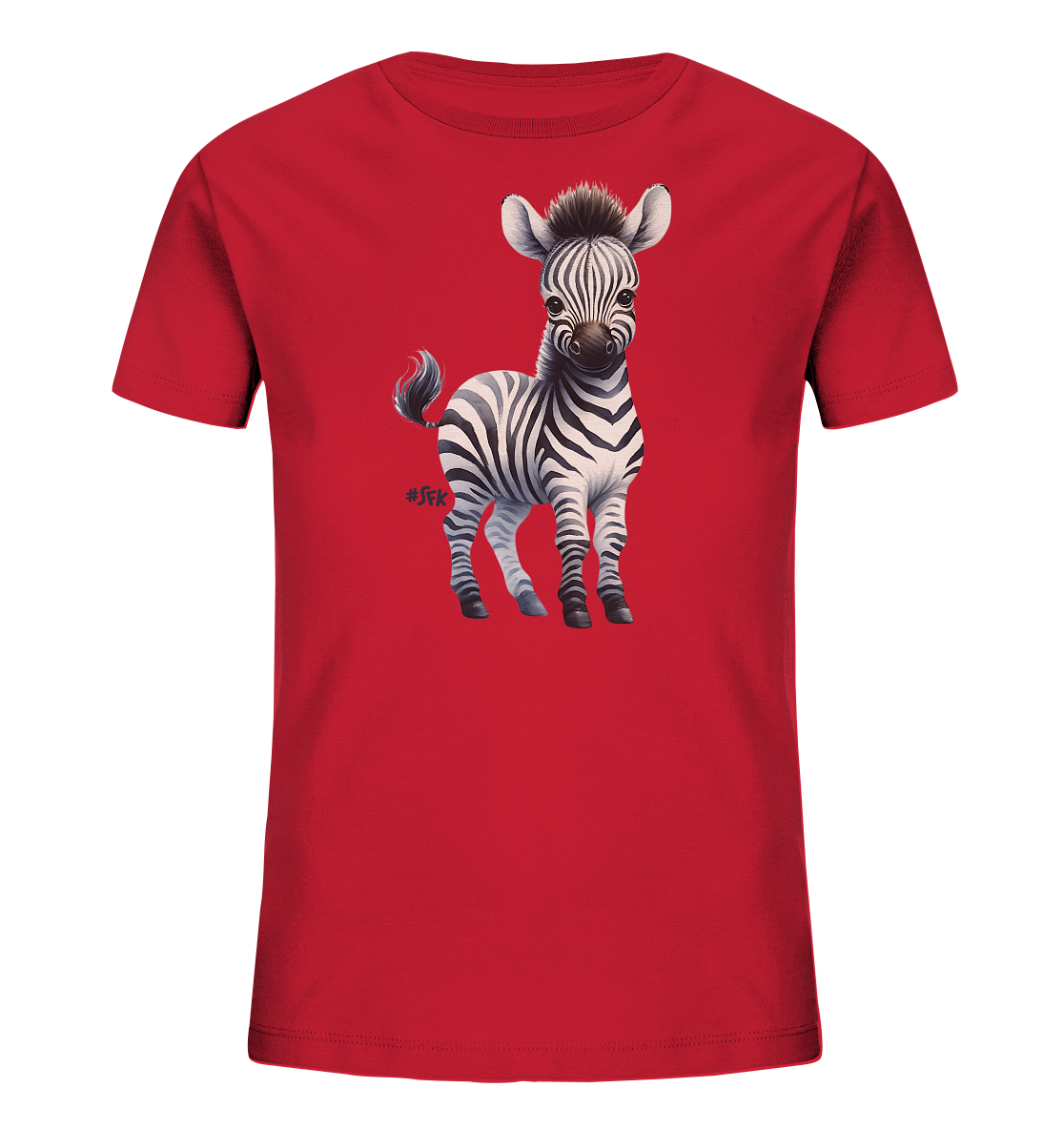 Onlineshop Shirts fuer Kinder - Das Bild zeigt ein rotes Kinder-T-Shirt mit einem Aufdruck eines suessen Zebras auf der Vorderseite. Das Zebra steht aufrecht und hat die typischen schwarz-weissen Streifen. Neben seinem Schwanz ist ein kleines rotes Herz platziert. Das Motiv ist detailliert und kindgerecht gestaltet.