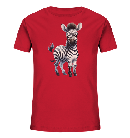 Onlineshop Shirts fuer Kinder - Das Bild zeigt ein rotes Kinder-T-Shirt mit einem Aufdruck eines suessen Zebras auf der Vorderseite. Das Zebra steht aufrecht und hat die typischen schwarz-weissen Streifen. Neben seinem Schwanz ist ein kleines rotes Herz platziert. Das Motiv ist detailliert und kindgerecht gestaltet.