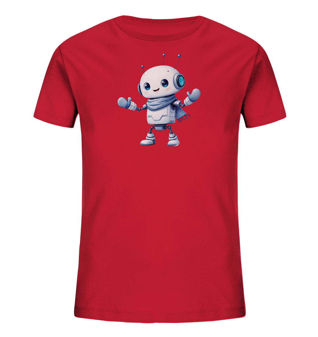Onlineshop Shirts für Kinder - Das Bild zeigt die Vorderseite eines roten Kinder-T-Shirts. Auf der Brust ist eine Illustration eines freundlich aussehenden Roboters zu sehen. Der Roboter ist weiß mit blauen und grauen Details, hat große Kulleraugen und trägt einen grauen Schal. Er steht da mit ausgestreckten Armen, was ihm ein einladendes Aussehen verleiht. Das Motiv ist zentral platziert und hebt sich gut vom roten Stoff ab.
