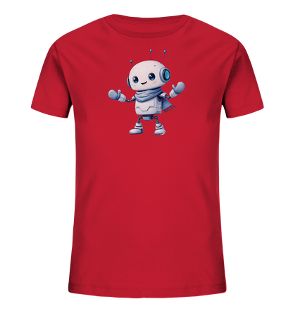 Onlineshop Shirts für Kinder - Das Bild zeigt die Vorderseite eines roten Kinder-T-Shirts. Auf der Brust ist eine Illustration eines freundlich aussehenden Roboters zu sehen. Der Roboter ist weiß mit blauen und grauen Details, hat große Kulleraugen und trägt einen grauen Schal. Er steht da mit ausgestreckten Armen, was ihm ein einladendes Aussehen verleiht. Das Motiv ist zentral platziert und hebt sich gut vom roten Stoff ab.