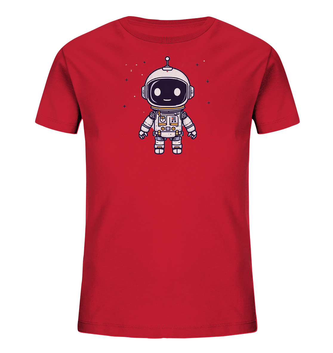 Onlineshop Shirts für Kinder - Das Bild zeigt ein rotes T-Shirt für Kinder. Auf der Vorderseite ist ein Astronaut im Cartoon-Stil abgebildet. Die Figur trägt einen weißen Raumanzug mit Helm und einer Antenne und hat ein lächelndes Gesicht im Visor. Um den Astronauten herum sind kleine Sternengrafiken platziert, die eine Weltraum-Szene andeuten.