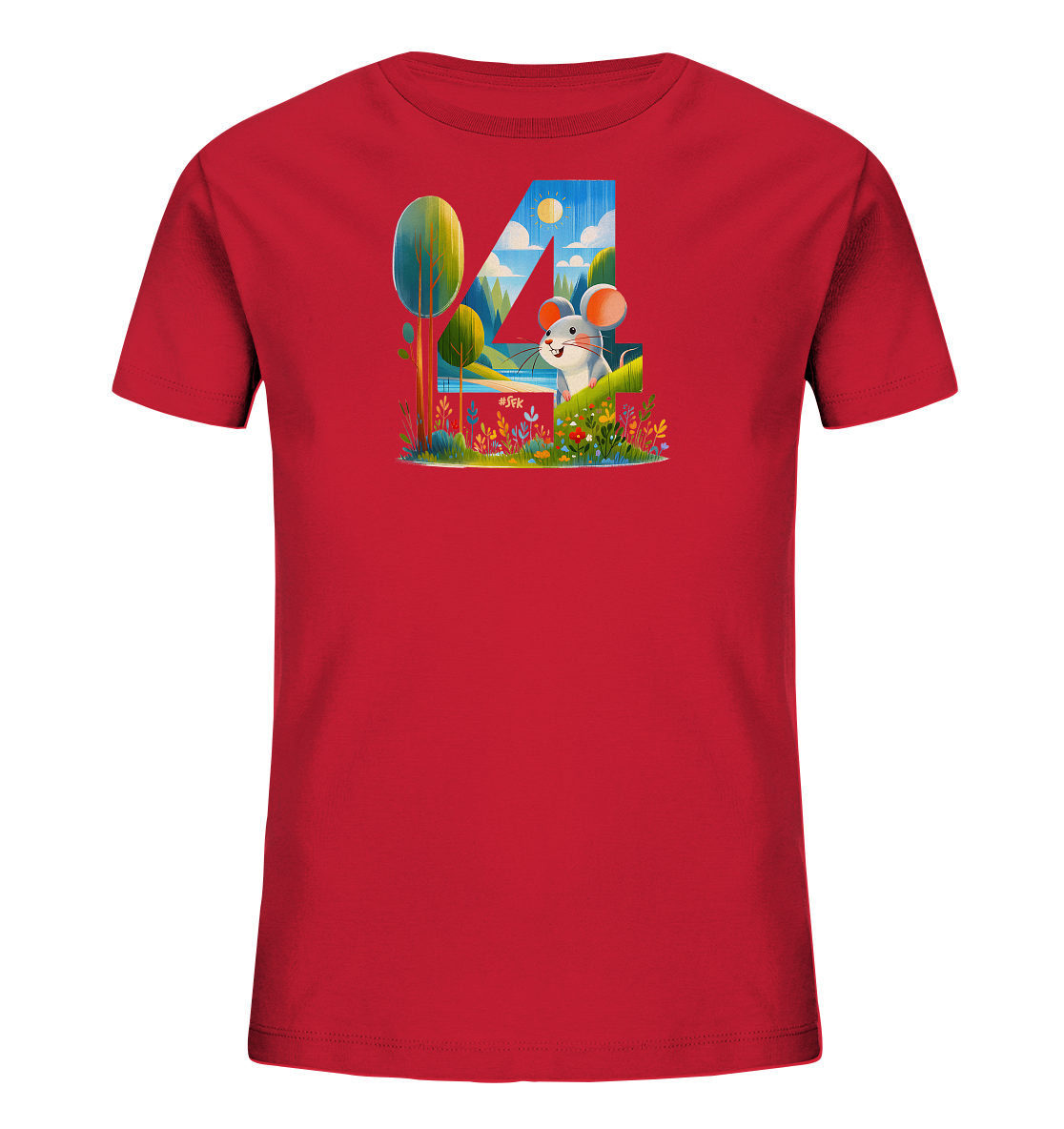 Onlineshop Shirts fuer Kinder - Das rote Kinder T-Shirt zeigt ein farbenfrohes Motiv einer Maus und einer Naturlandschaft, eingerahmt von der Zahl "4". Die freundliche Maus sitzt inmitten von Blumen und Pflanzen. Im Hintergrund sind Baeume, ein See und der Himmel mit Wolken und Sonne zu sehen. Das Design ist detailliert und verspielt.