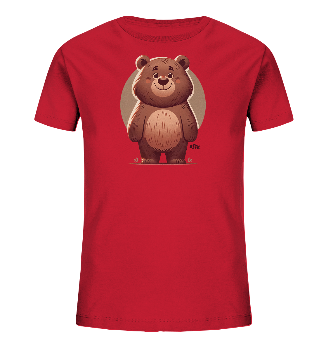 Onlineshop Shirts fuer Kinder - Das Bild zeigt ein rotes T-Shirt fuer Kinder mit einem froehlichen Baerchen-Motiv auf der Vorderseite. Der cartoonhafte Baer steht laechelnd vor einem hellbraunen Kreis. Er hat grosse Ohren und eine detailreiche Fellstruktur. Das Design wirkt kindgerecht und freundlich gestaltet.