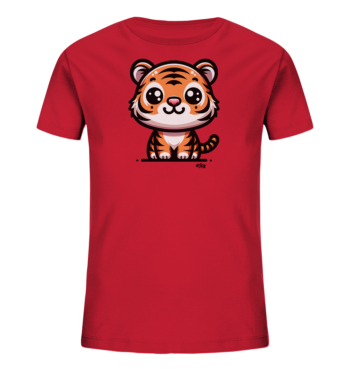 Onlineshop Shirts fuer Kinder - Dieses rote Kinder T-Shirt zeigt eine charmante Illustration eines kleinen, sitzenden Tigers. Der Tiger hat grosse, glaenzende Augen und ein freundliches Laecheln, dargestellt im Comic-Stil. Sein Fell zeigt die typischen orange-schwarzen Streifen, die liebevoll gezeichnet sind. Das Design ist mittig auf der Vorderseite des Shirts platziert.
