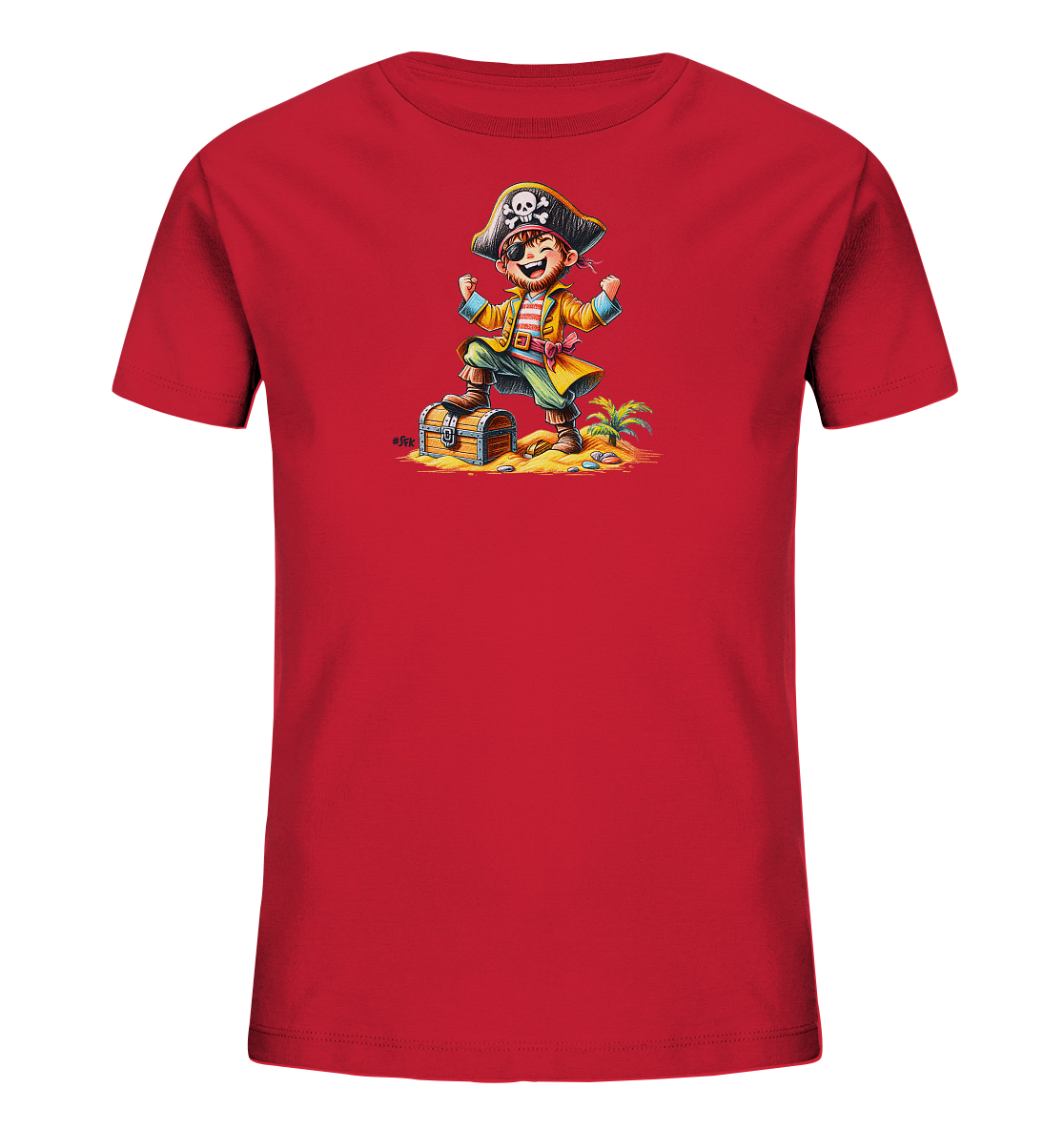 Onlineshop Shirts fuer Kinder - Das Bild zeigt ein leuchtend rotes T-Shirt fuer Kinder. Darauf ist eine froehliche Piratenfigur abgebildet, die jubelnd auf einer geoeffneten Schatzkiste steht. Die Szene spielt sich auf einem kleinen Strand mit Palmen und Muscheln ab. Der Pirat traegt einen Hut mit Totenkopf und eine bunte Jacke.