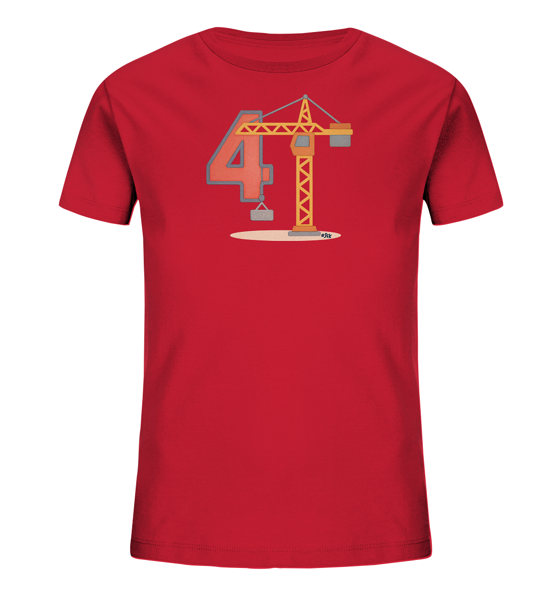 Onlineshop Shirts fuer Kinder - Dieses rote Kinder-T-Shirt zeigt ein ansprechendes Motiv fuer kleine Bau-Fans. Zentral im Design ist die grosse Zahl Vier in Rot mit grauem Rand. Direkt daneben ist ein detaillierter gelber Baukran abgebildet, der einen grauen Block hochhebt. Das gesamte Motiv ist auf einer beigen Flaeche platziert und verleiht dem Shirt einen dynamischen Look.