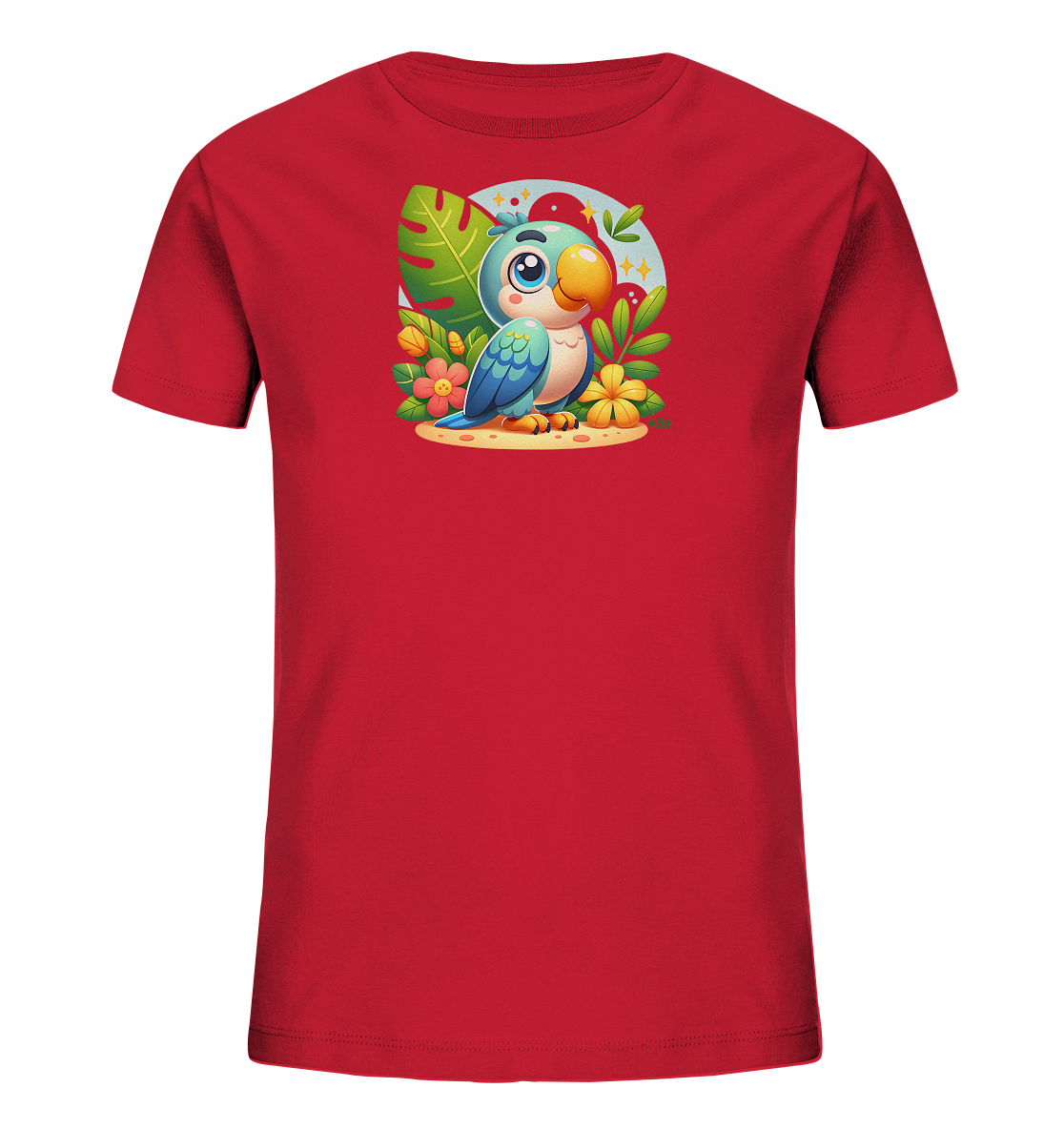 Onlineshop Shirts fuer Kinder - Das Bild zeigt ein rotes Kinder T-Shirt mit einem farbenfrohen, cartoonhaften Papageien-Motiv auf der Vorderseite. Der Papagei ist von tropischen Pflanzen und Blumen umgeben und sitzt auf einem Sandfleck. Im Hintergrund ist ein heller Kreis mit Sternen und roten Elementen zu sehen. Das Design wirkt froehlich und tropisch.