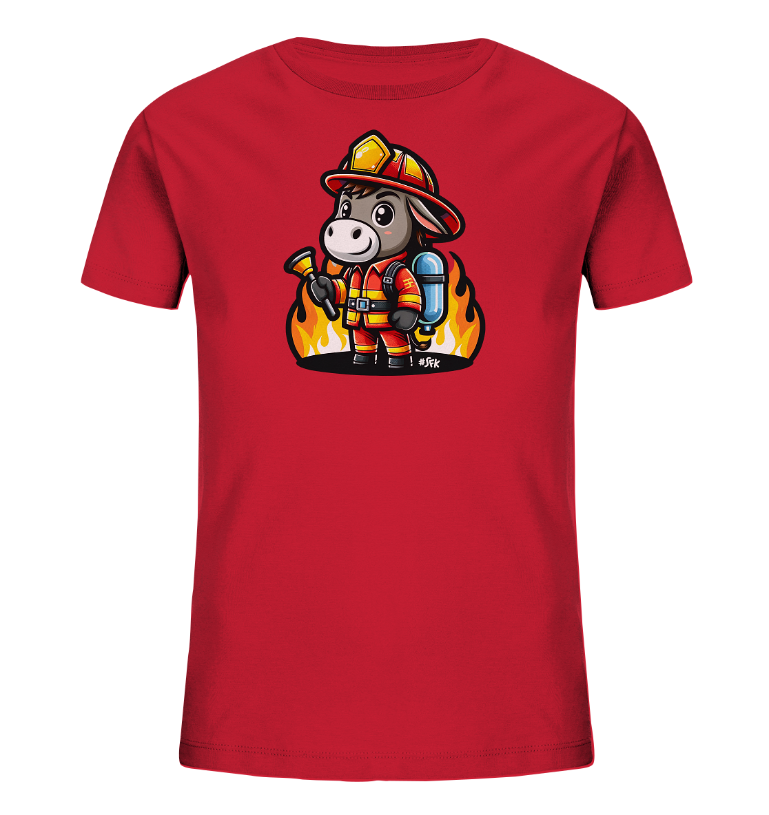 Kinder T-Shirt mit ein freundlicher Esel als Feuerwehrmann mit Helm, Anzug und Schlauch