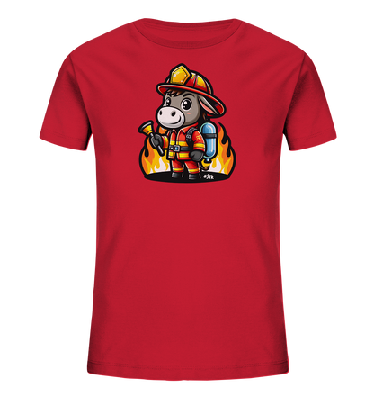 Kinder T-Shirt mit ein freundlicher Esel als Feuerwehrmann mit Helm, Anzug und Schlauch