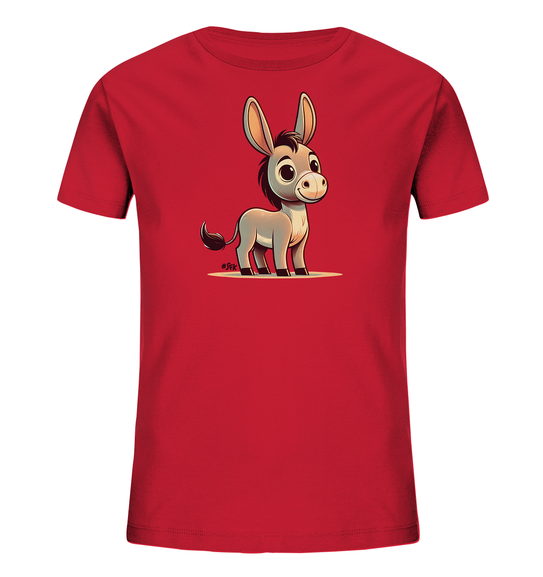 Onlineshop Shirts fuer Kinder - Das Bild zeigt ein rotes T-Shirt fuer Kinder mit einem niedlichen Esel-Motiv auf der Vorderseite. Der Esel ist im Cartoon-Stil dargestellt, hat grosse Ohren und ein freundliches Gesicht. Er steht auf einer angedeuteten Flaeche in der Mitte des Shirts. Das einfache, aber charmante Design ist ideal fuer junge Kinder.