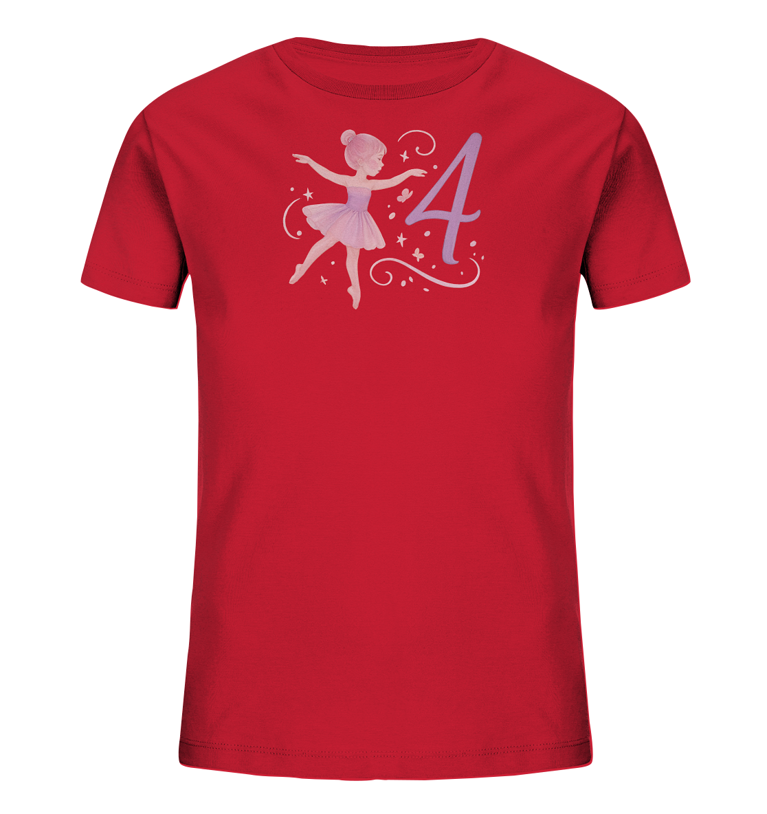 Onlineshop Shirts fuer Kinder - Das Bild zeigt ein rotes Kinder T-Shirt mit einer Balletttaenzerin in einem lila Kleid. Neben der Taenzerin ist die Zahl Vier in einer stilisierten, lila Schriftart dargestellt. Das Design ist von kleinen Sternen und Schmetterlingen sowie geschwungenen Linien umgeben, was ihm einen maerchenhaften Touch verleiht. Das gesamte Motiv ist zentral auf der Vorderseite des Shirts platziert.