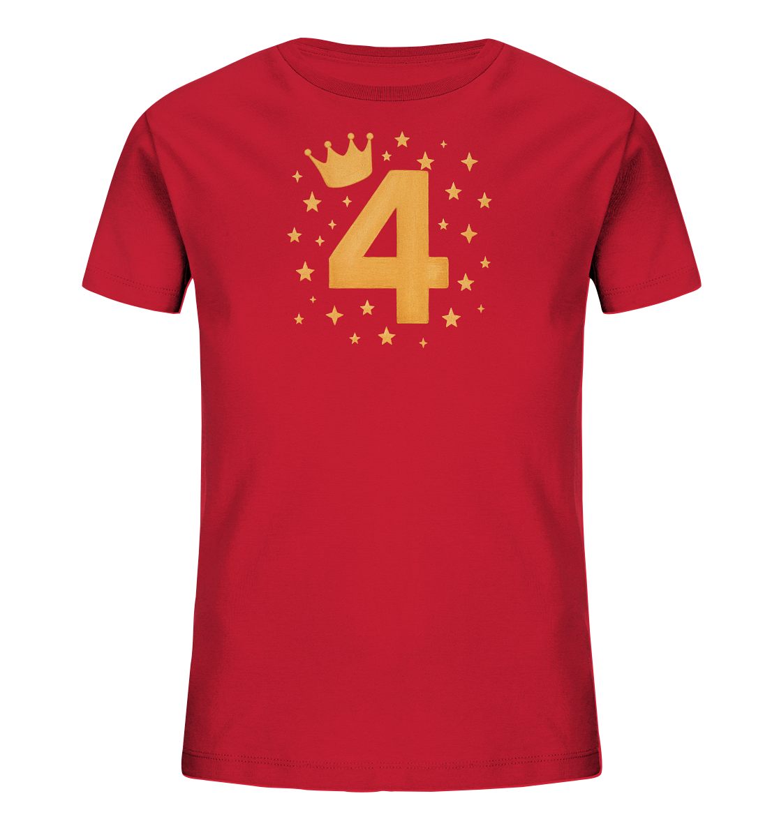 Onlineshop Shirts fuer Kinder - Das Bild zeigt ein rotes Kinder T-Shirt. Darauf ist die goldfarbene Zahl 4 prominent platziert. Über der Zahl ist eine goldene Krone abgebildet. Kleine Sterne und Kreuze umrahmen das festliche Design.