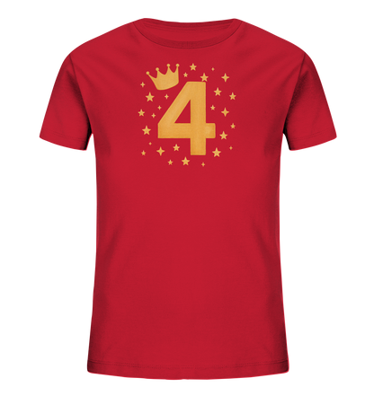 Onlineshop Shirts fuer Kinder - Das Bild zeigt ein rotes Kinder T-Shirt. Darauf ist die goldfarbene Zahl 4 prominent platziert. Über der Zahl ist eine goldene Krone abgebildet. Kleine Sterne und Kreuze umrahmen das festliche Design.