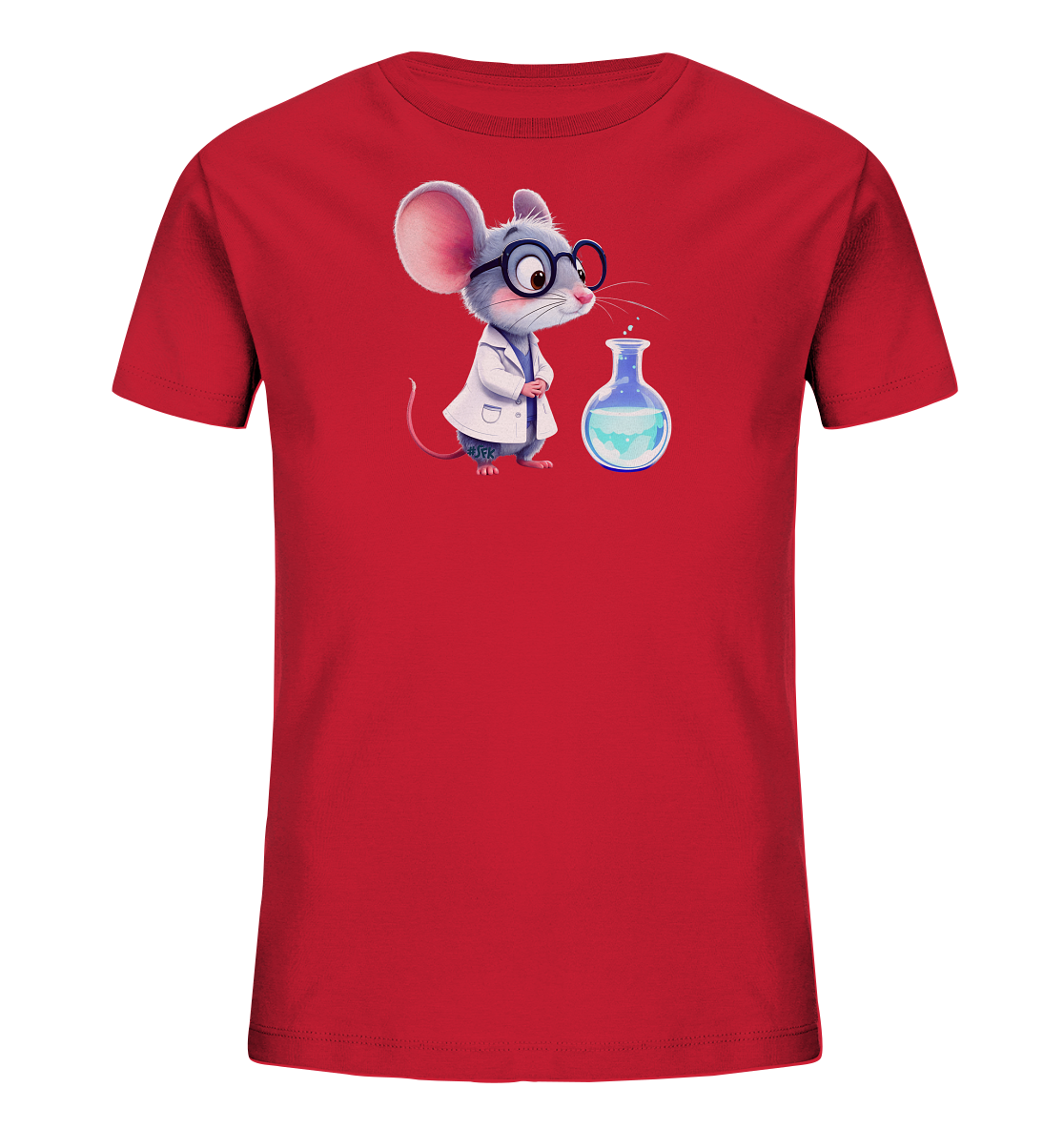 Onlineshop Shirts fuer Kinder - Das rote Kinder-T-Shirt zeigt eine entzueckende Maus in Wissenschaftlerkleidung. Die Maus traegt eine weisse Laborkittel und eine runde Brille, waehrend sie eine Erlenmeyerkolben mit blauer Fluessigkeit betrachtet. Das Design vermittelt einen verspielten und lehrreichen Charakter.