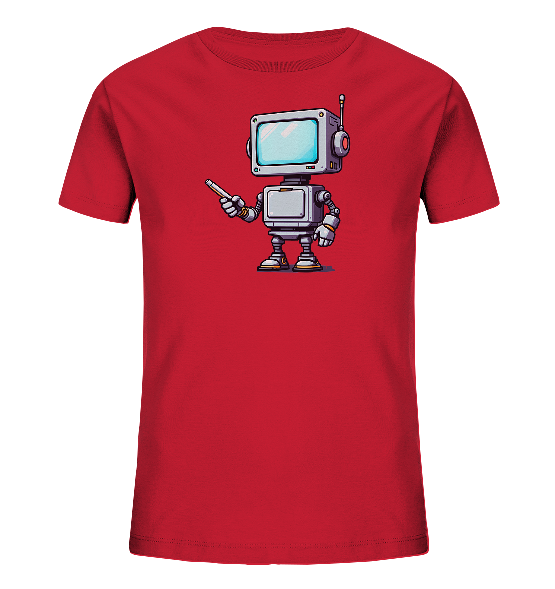 Onlineshop Shirts für Kinder - Das Bild zeigt ein rotes T-Shirt für Kinder, das auf einem schwarzen Hintergrund präsentiert wird. Im Zentrum des Shirts befindet sich eine detaillierte Grafik eines kleinen, grau-silbernen Roboters mit einem quadratischen Bildschirm als Kopf. Der Roboter hält in einer Hand einen Stift oder Marker. Das Design ist im Cartoon-Stil gehalten und wirkt modern und ansprechend.