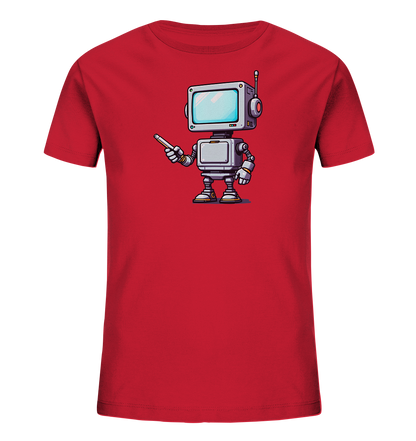 Onlineshop Shirts für Kinder - Das Bild zeigt ein rotes T-Shirt für Kinder, das auf einem schwarzen Hintergrund präsentiert wird. Im Zentrum des Shirts befindet sich eine detaillierte Grafik eines kleinen, grau-silbernen Roboters mit einem quadratischen Bildschirm als Kopf. Der Roboter hält in einer Hand einen Stift oder Marker. Das Design ist im Cartoon-Stil gehalten und wirkt modern und ansprechend.